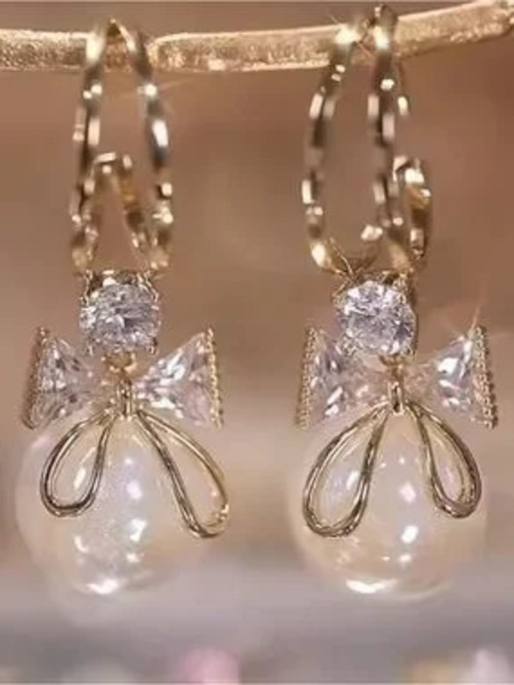 Anthropologie Gold Bow & Pearl Drop Earrings with Clear Crystals